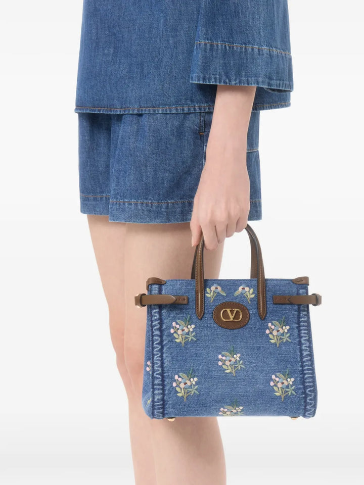 Valentino Garavani Antibes small embroidered denim shopping bag