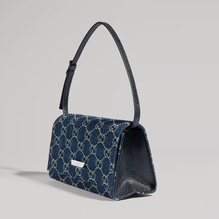 Gucci Small dark blue pouch with strap and Gucci plaque