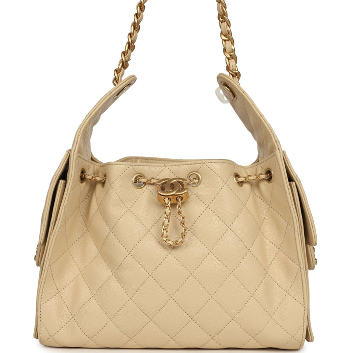 Chanel Small 25 Hobo Bag Light Beige Caviar Antique Gold Hardware