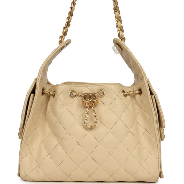 Chanel Small 25 Hobo Bag Light Beige Caviar Antique Gold Hardware