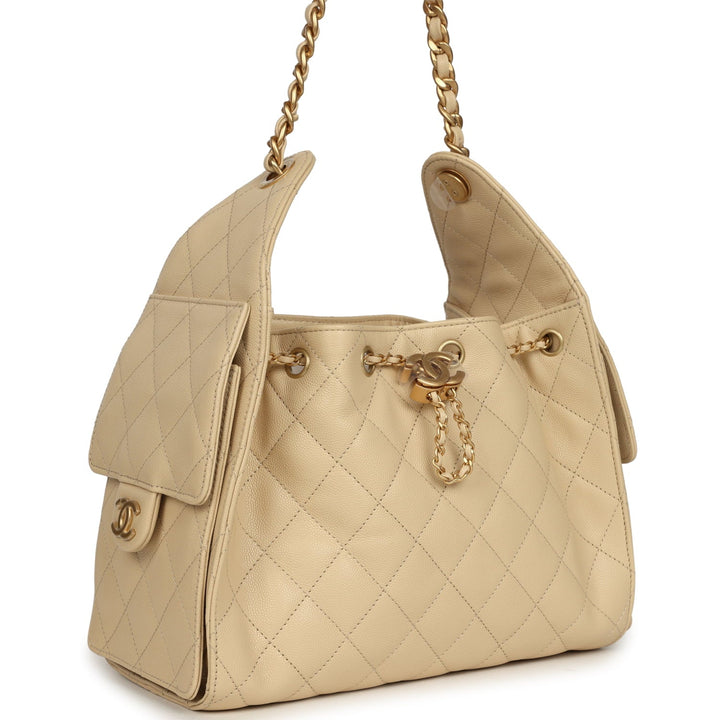 Chanel Small 25 Hobo Bag Light Beige Caviar Antique Gold Hardware