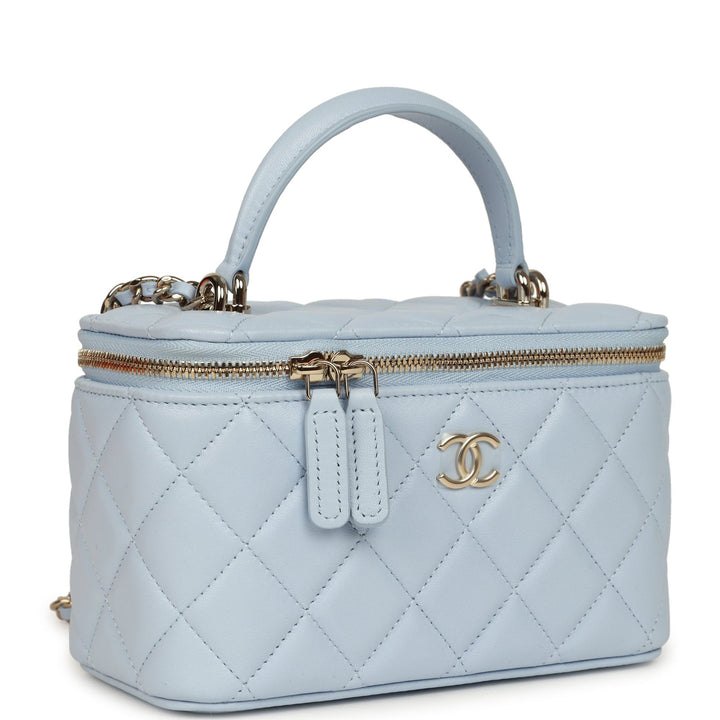 Chanel Chanel Small Classic Top Handle Vanity Case Light Blue Lambskin Light Gold Hardware