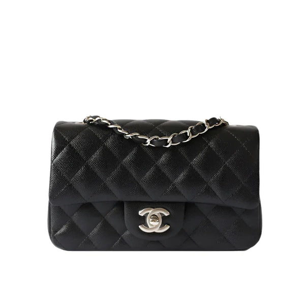Chanel Black Quilted Caviar Mini Classic Flap Silver Hardware Bag