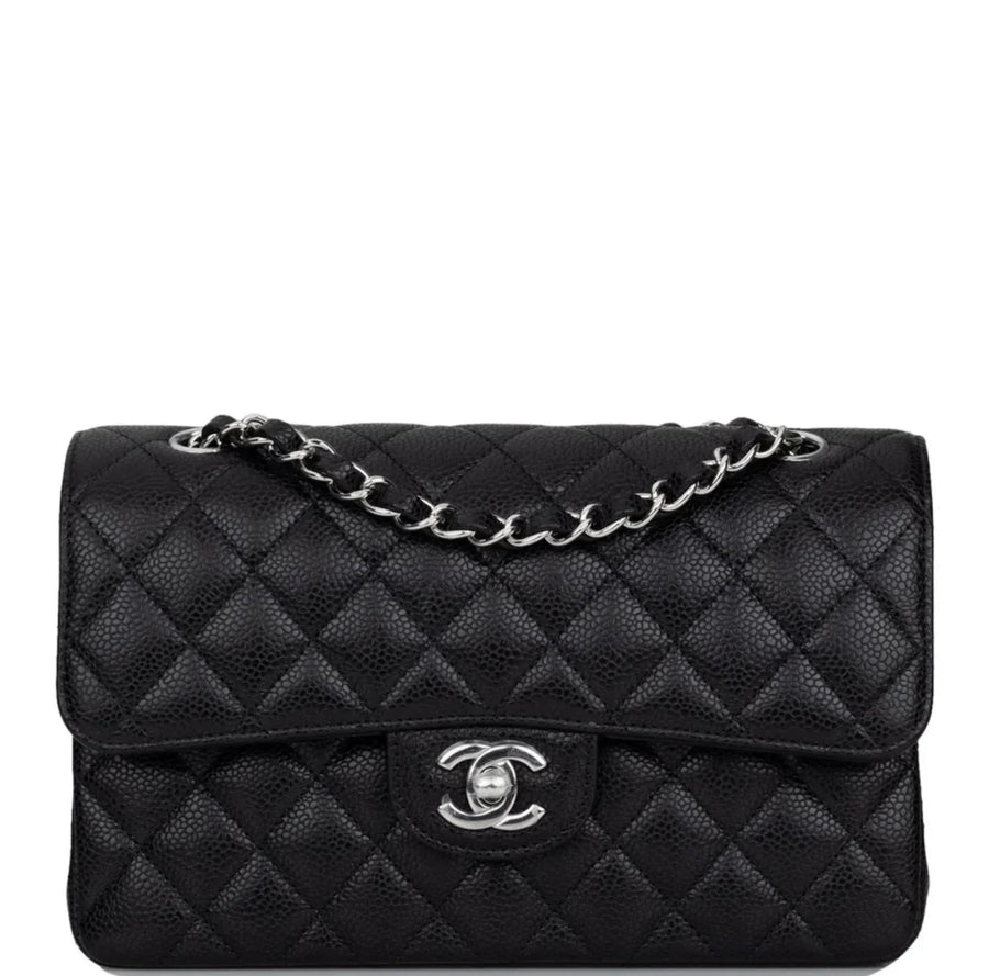Chanel Black Quilted Caviar Small Classic Flap Silver Hardware Bag