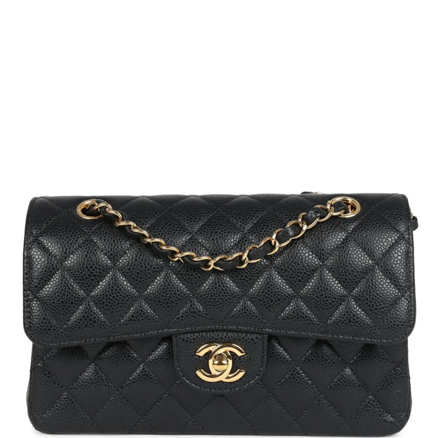 Chanel Black Quilted Caviar Small Classic Flap Gold Hardware Bag