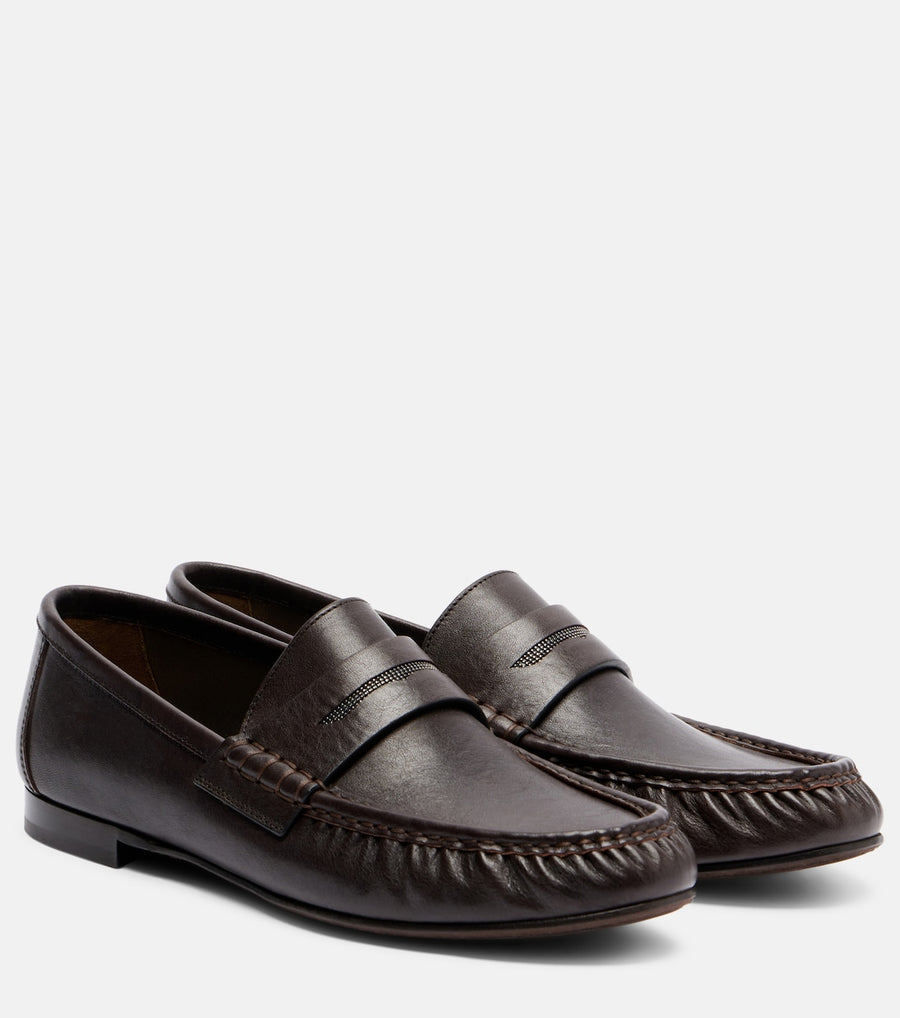 Brunello Cucinelli Monili Leather Penny Loafers