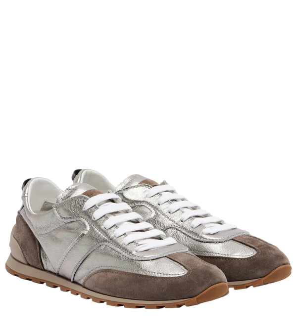 Brunello Cucinelli Monili suede-trimmed metallic leather sneakers