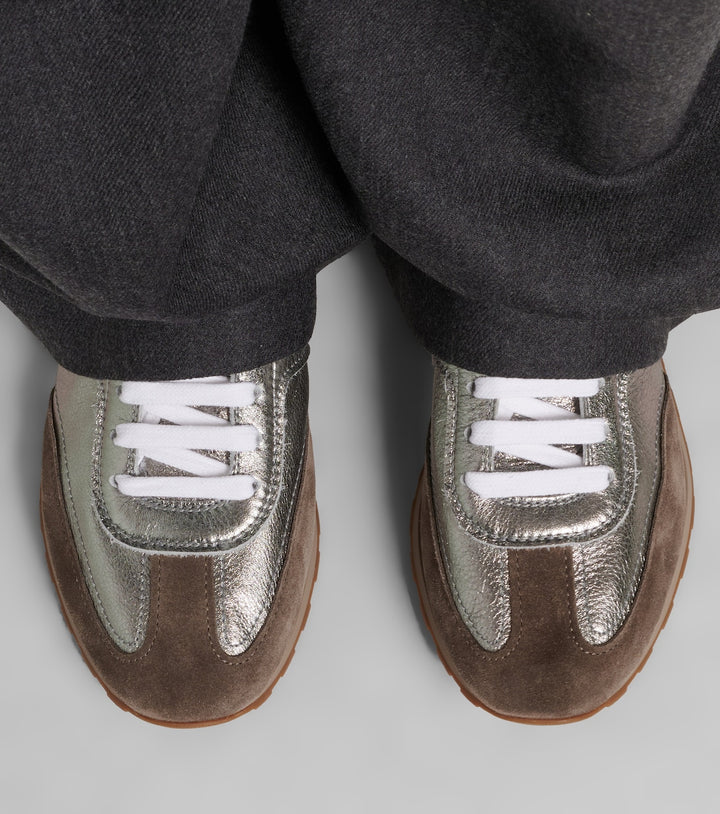 Brunello Cucinelli Monili suede-trimmed metallic leather sneakers
