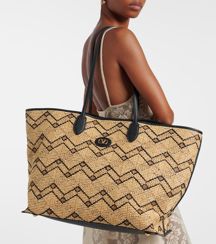 VLogo Large raffia-effect tote bag
