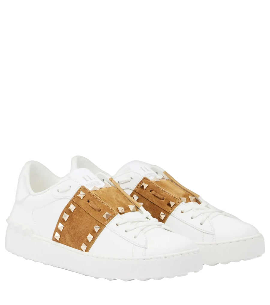 Rockstud suede-trimmed leather sneakers
