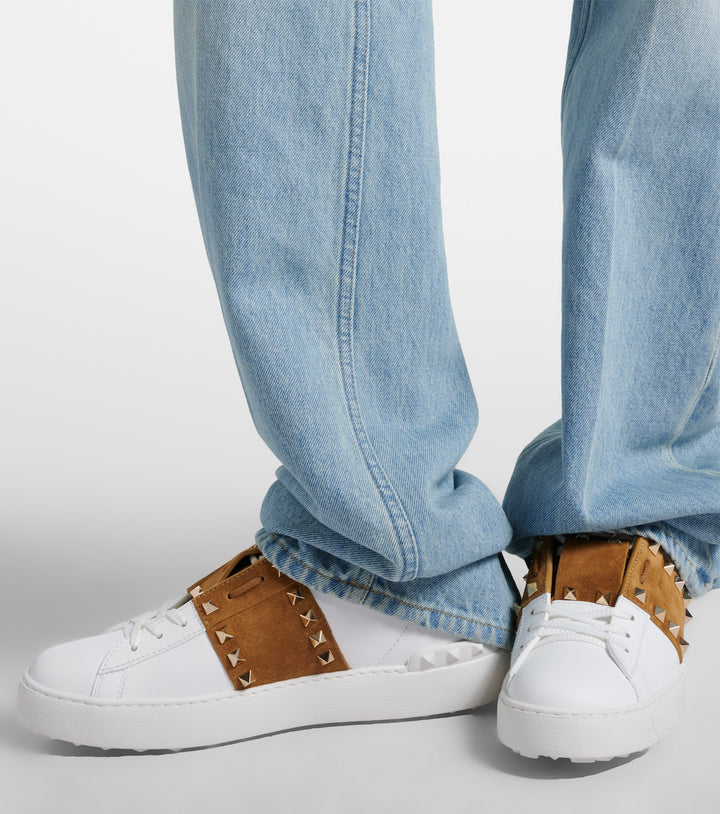 Rockstud suede-trimmed leather sneakers