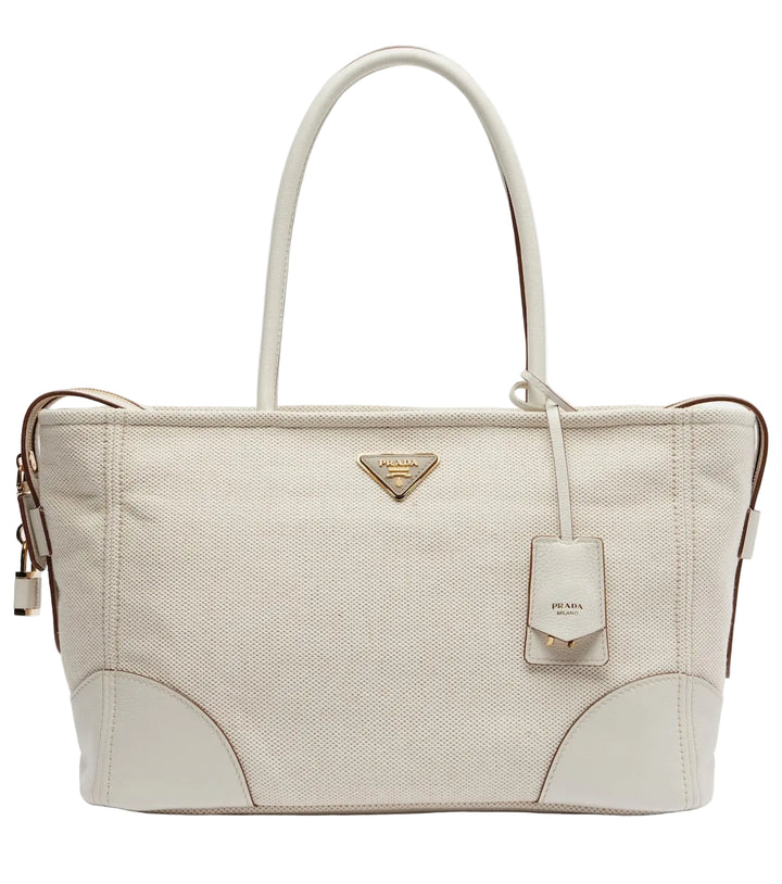 Prada Large leather-trimmed canvas tote bag