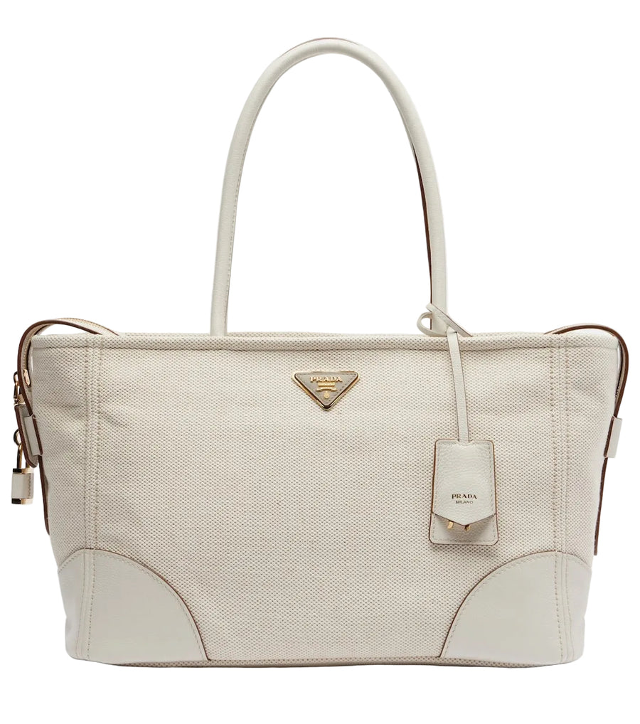 Prada Large leather-trimmed canvas tote bag