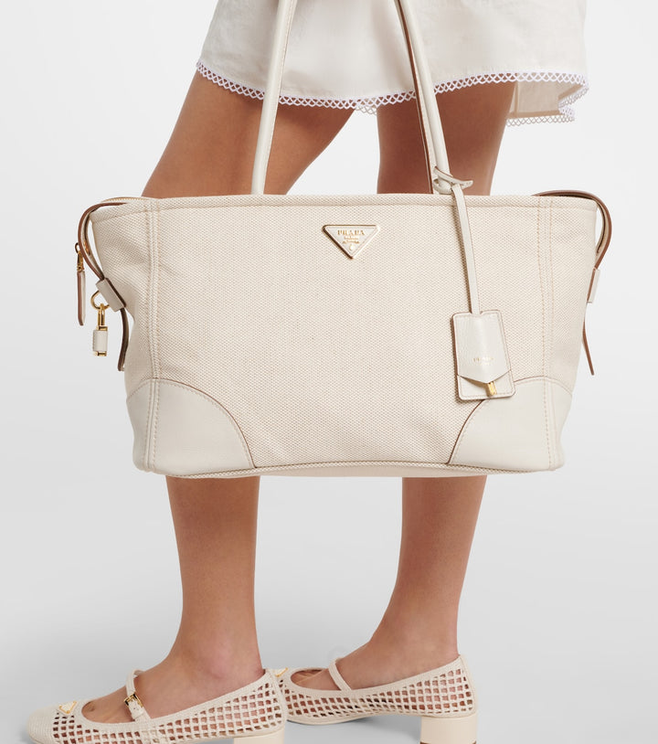 Prada Large leather-trimmed canvas tote bag