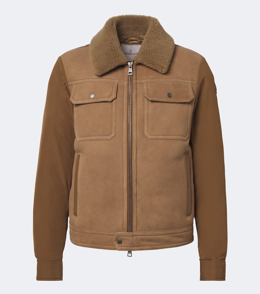 Moncler Shearling-trimmed suede down jacket