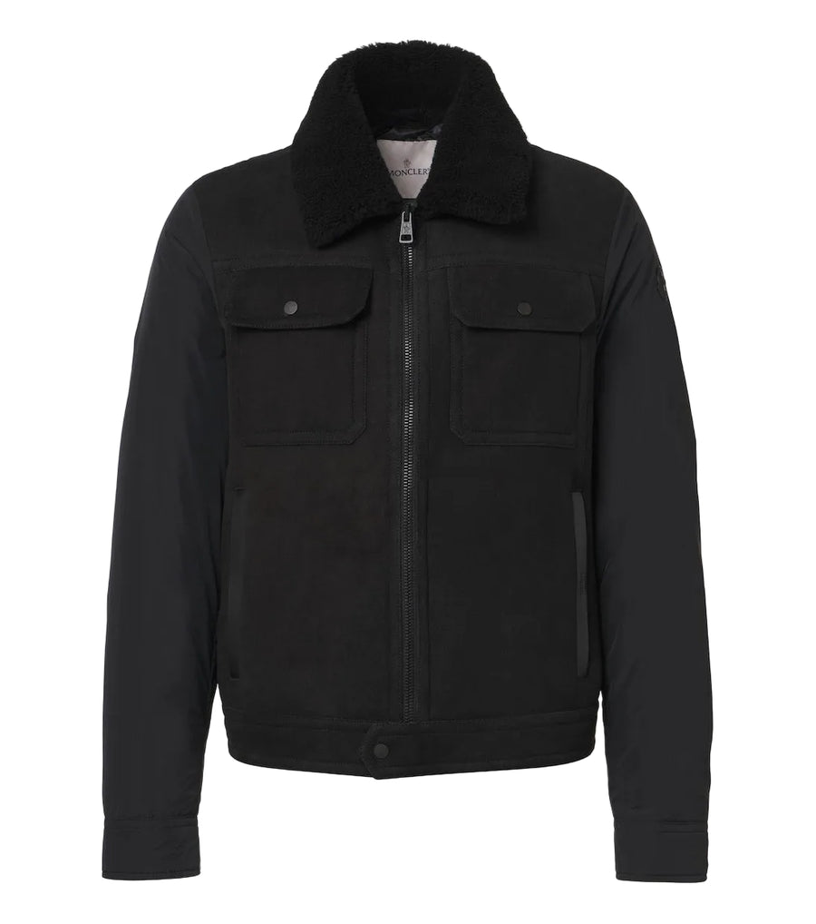 Moncler Giacca imbottita in pelle scamosciata con finiture in montone