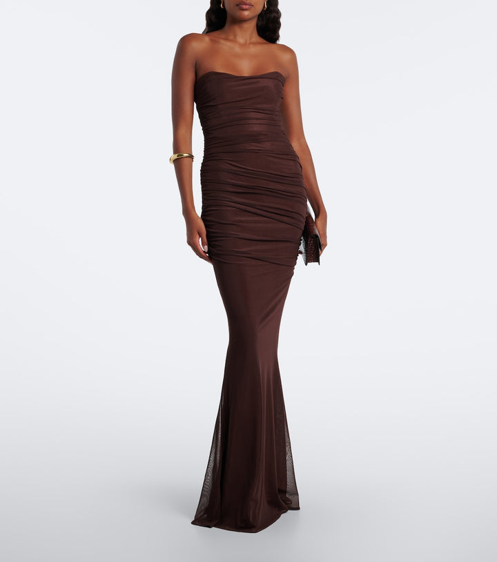 Retrofête Isadore draped strapless mesh dress