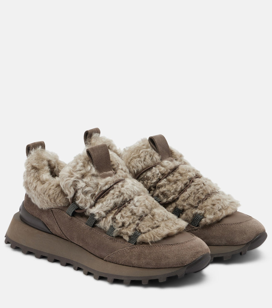 Brunello Cucinelli Monili shearling-trimmed suede sneakers