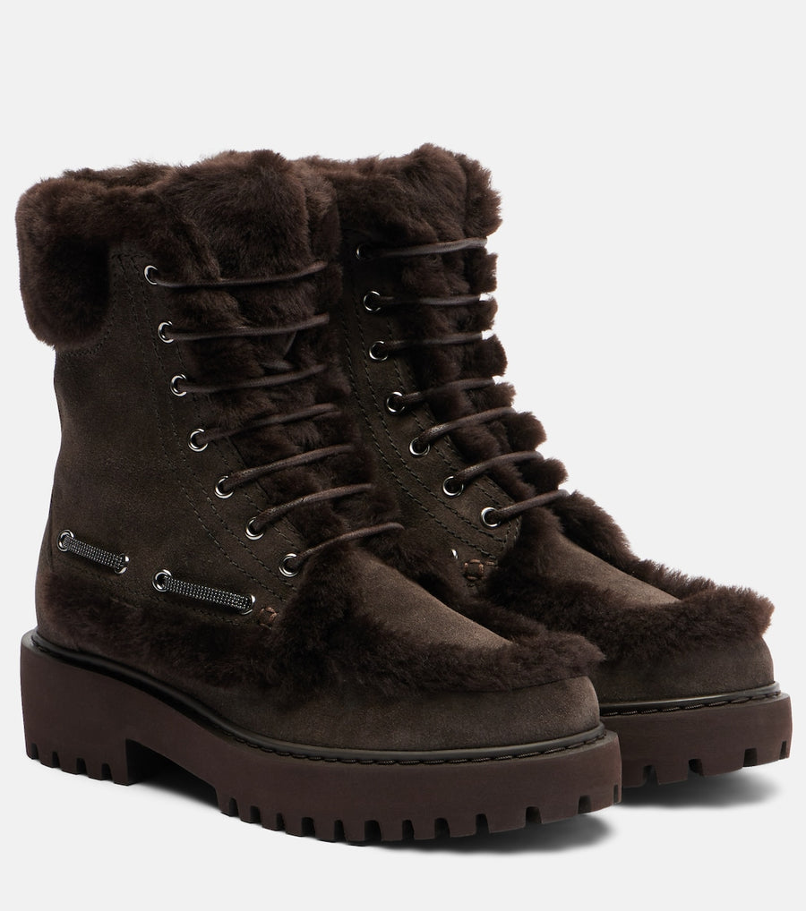 Brunello Cucinelli Monili shearling-trimmed suede lace-up boots