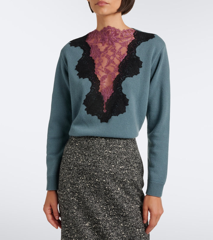 Lace-trimmed virgin wool sweater
