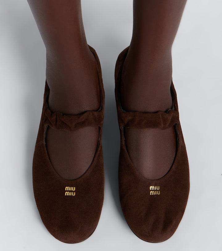 Miu Miu Ruches Suede Mary Jane Flats