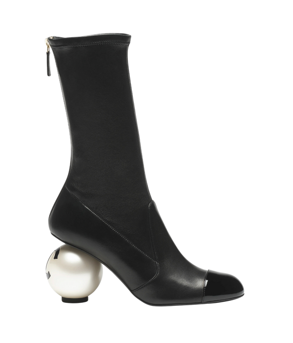 Chanel Black Mid-Calf Boots Stretch Lambskin & Patent Calfskin
