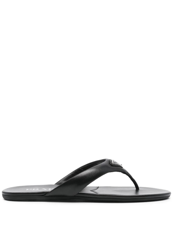 Prada Enamel-Triangle Leather Flip Flops