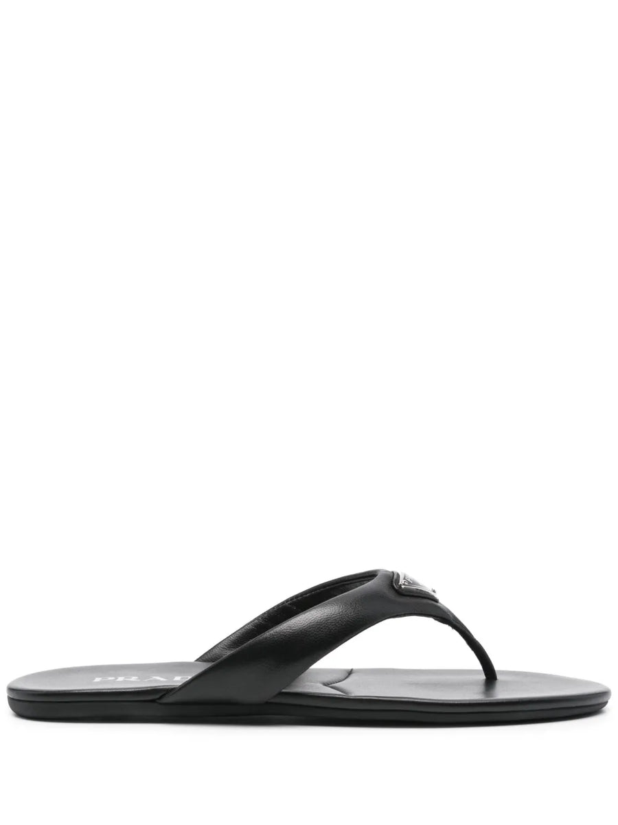 Prada Enamel-Triangle Leather Flip Flops