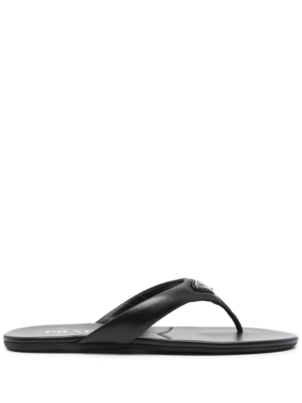 Prada Enamel-Triangle Leather Flip Flops