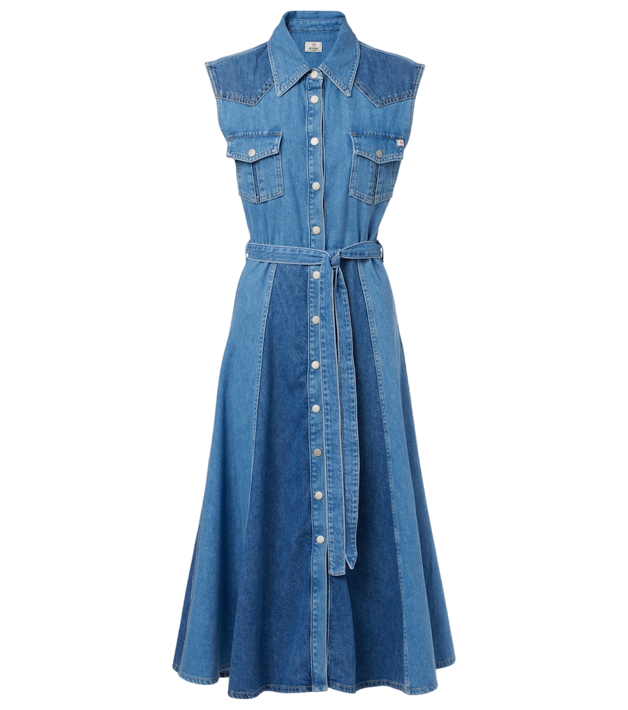 AG Jeans Belted paneled denim midi dress