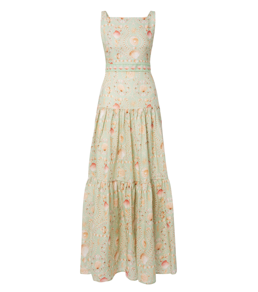 Robe longue étagée en lin à imprimé Abeja d'Agua by Agua Bendita