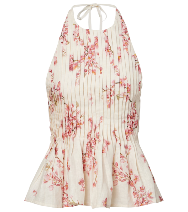 Agua by Agua Bendita Top in lino plissettato con stampa floreale Caña