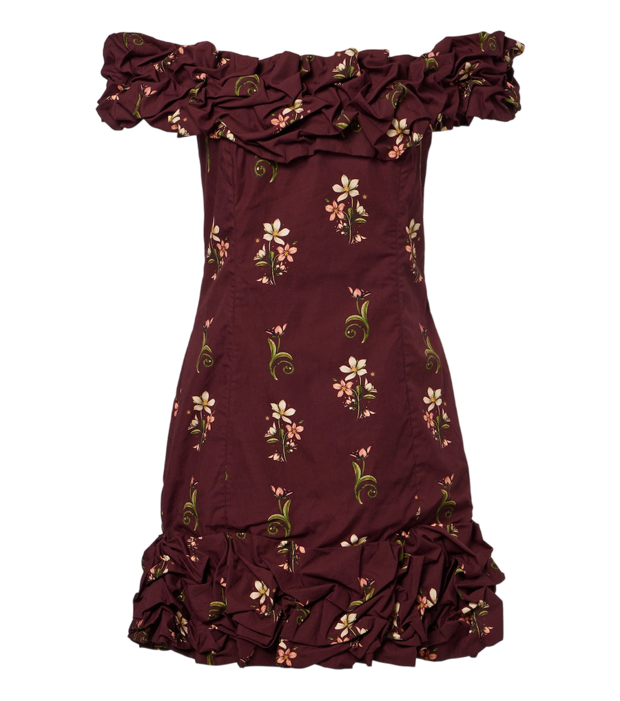 Minivestido de algodón con hombros descubiertos y estampado floral Jardin de Agua by Agua Bendita