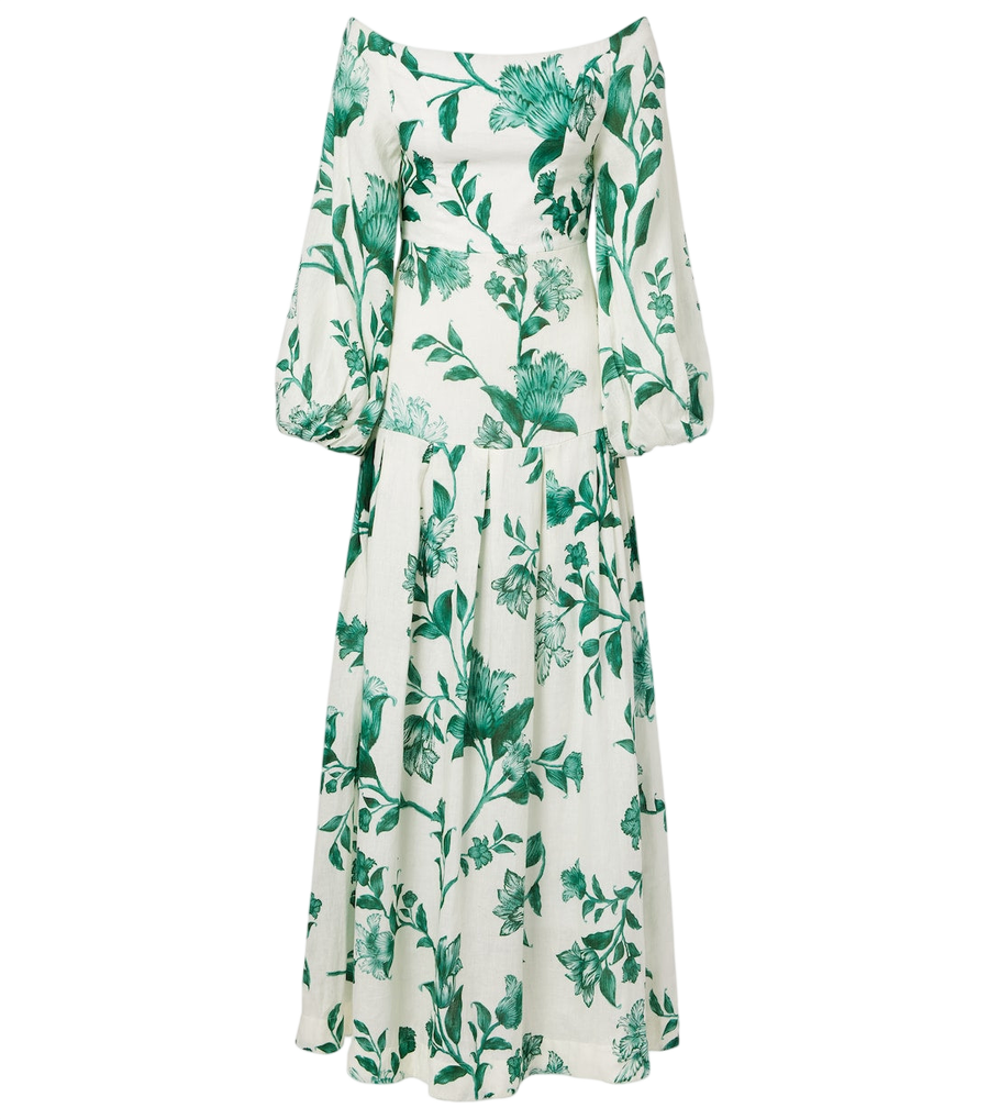 Robe longue en lin imprimé à épaules dénudées Agua by Agua Bendita Senlis