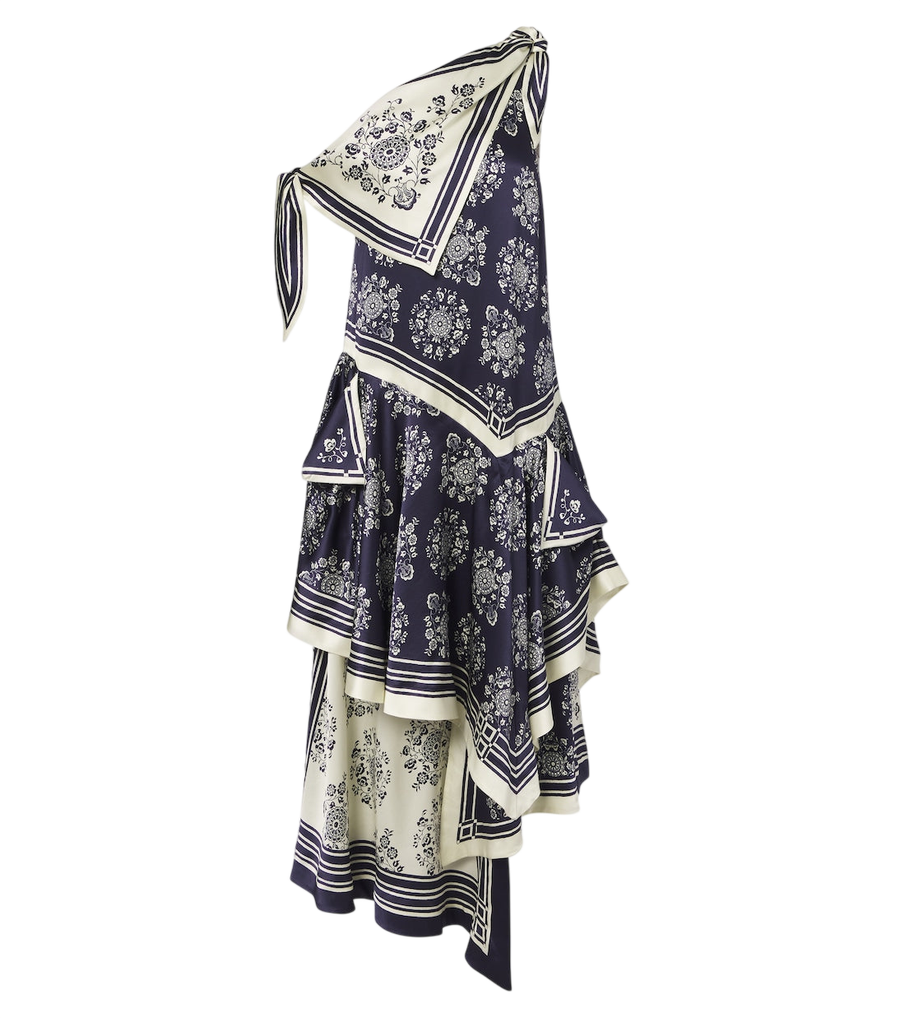 Vestido midi asimétrico de seda con estampado floral Banderra de Alémais