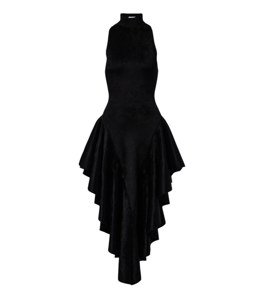Alaïa Asymmetric ruffled velvet midi dress