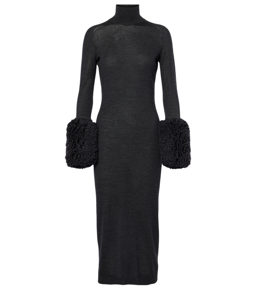 Alaïa Faux shearling-trimmed virgin wool midi dress