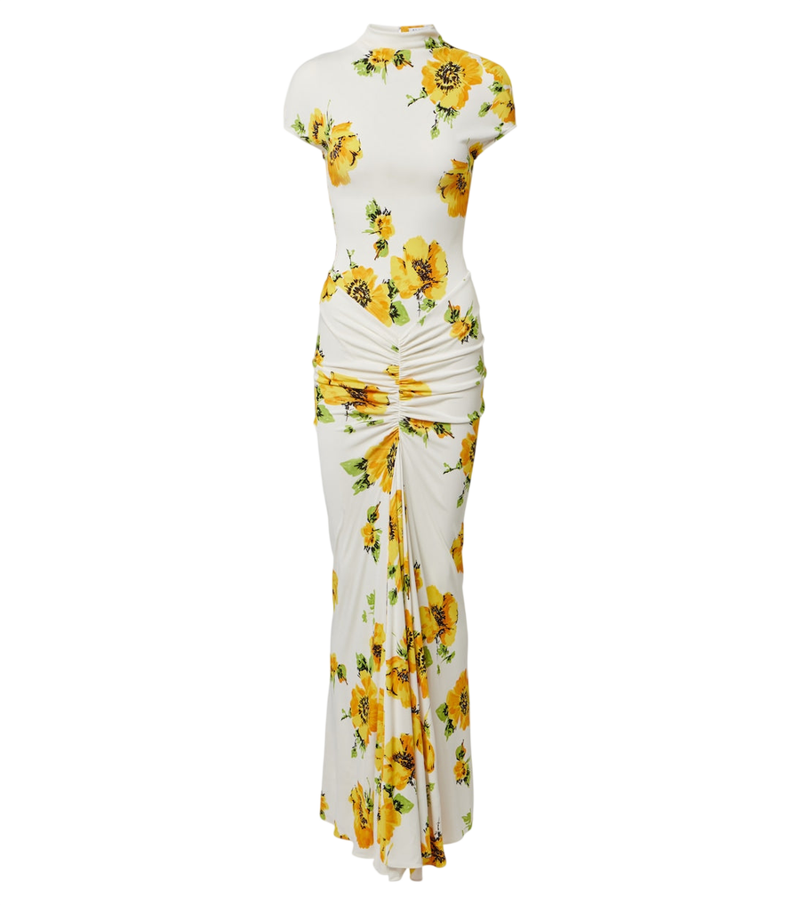 Robe longue en jersey froncé à motif floral Alaïa