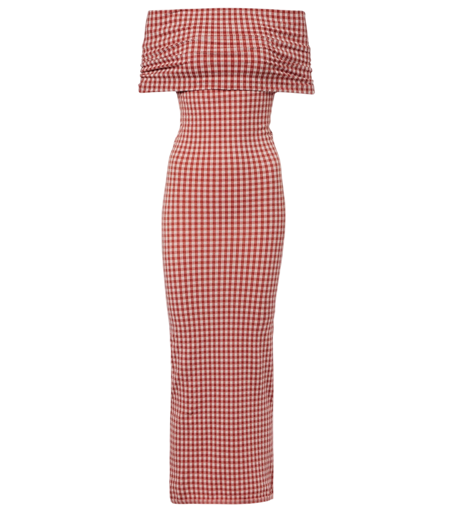Alaïa Gingham off-shoulder maxi dress