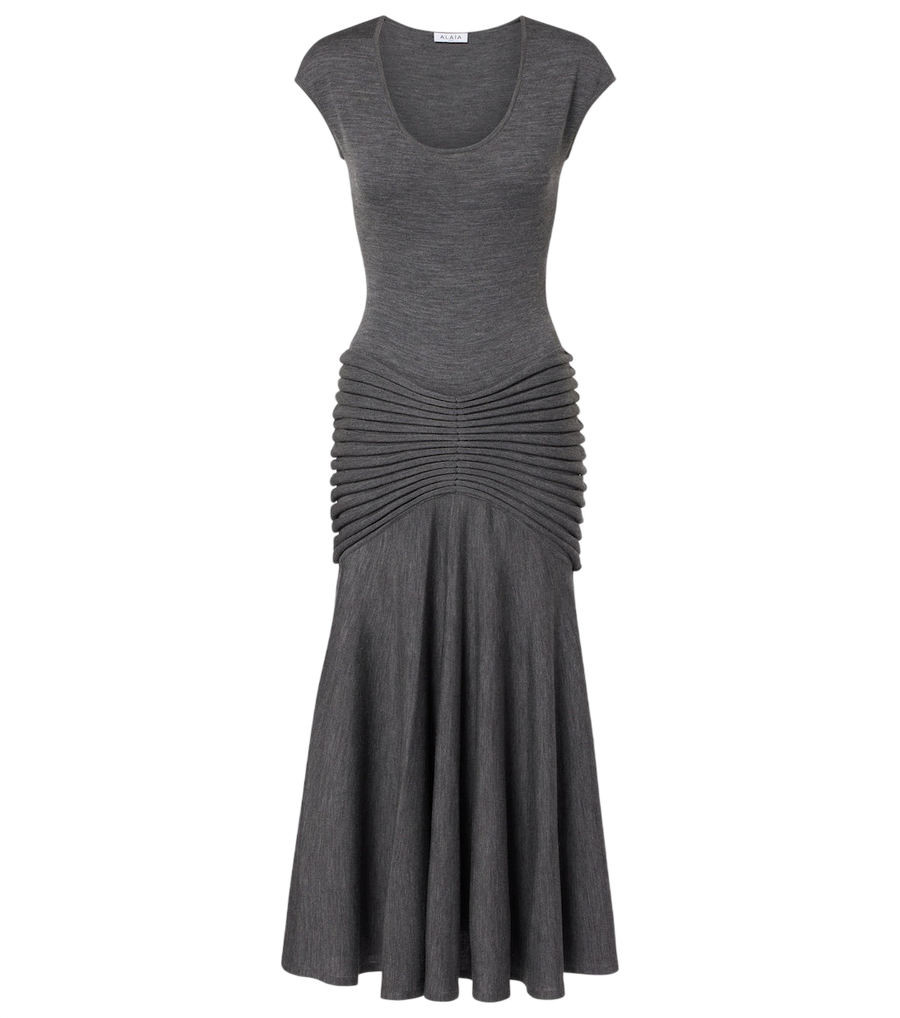 Robe midi plissée en maille de laine Alaïa