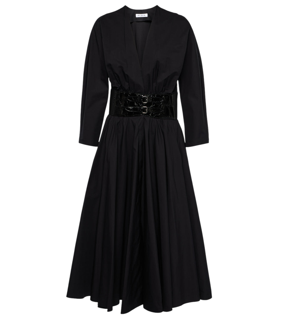 Alaïa Leather-trimmed cotton midi dress