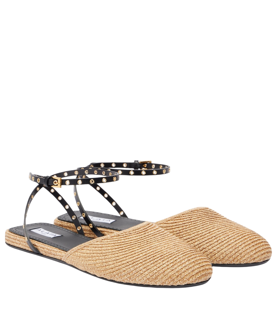 Alaïa Ballerine in rafia con finiture in pelle