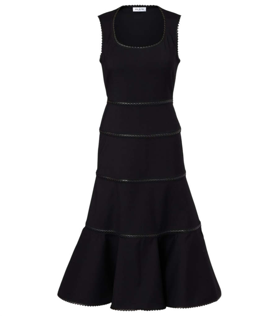 Vestido midi de lana con detalles de piel de Alaïa