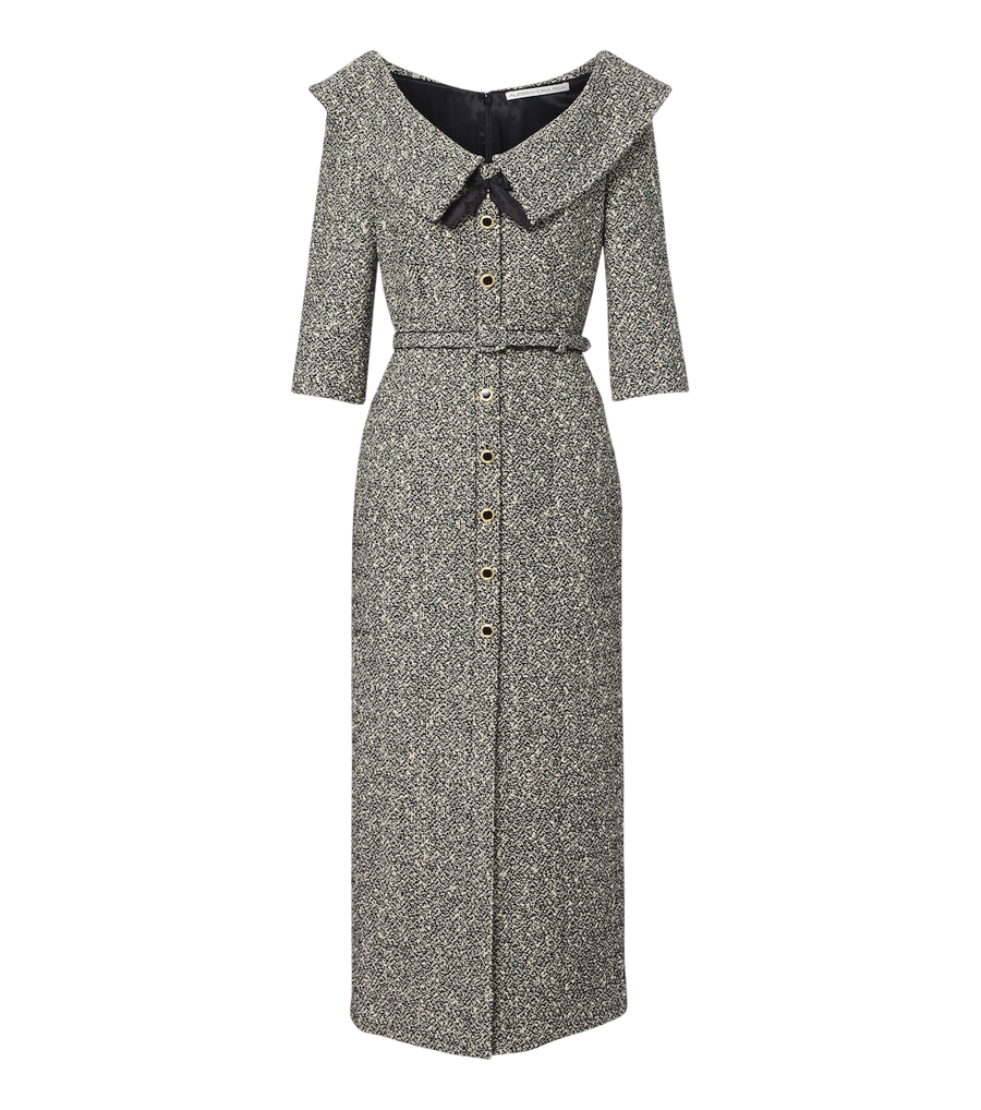 Alessandra Rich Belted cotton and wool-blend tweed midi dress