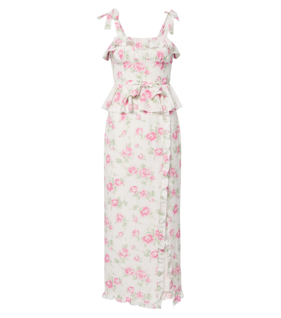 Robe midi Alessandra Rich en soie à motif floral, volants et détail nœud