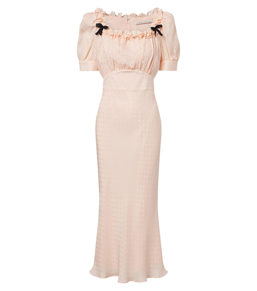 Alessandra Rich Abito midi in jacquard di seta con volant e fiocchi
