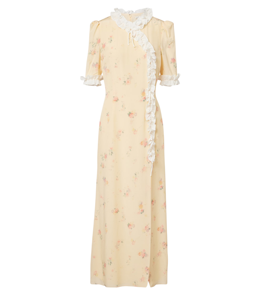 Robe midi Alessandra Rich en soie à fleurs et à volants