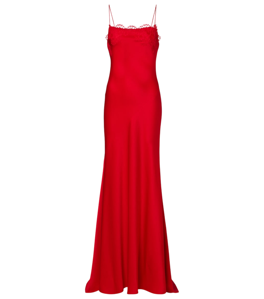 Robe longue en satin crêpe bordée de dentelle Alex Perry
