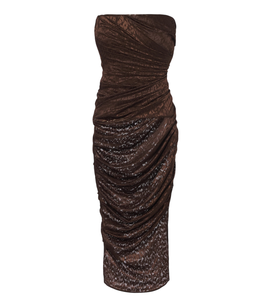 Vestido midi de encaje fruncido con estampado de leopardo Alex Perry