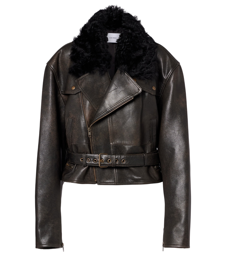 Alex Perry Shearling-trimmed cropped leather biker jacket